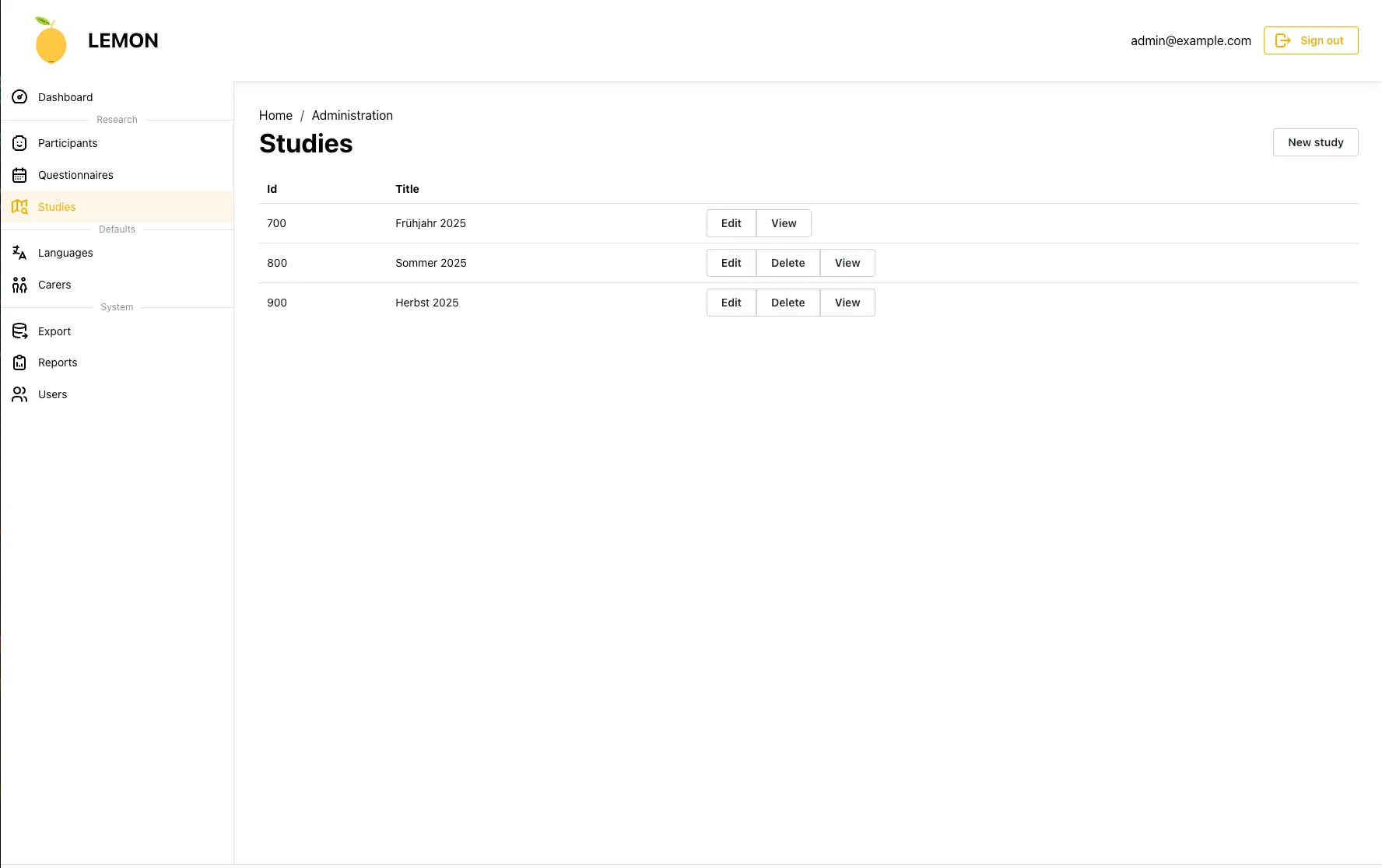 Entry for studies screenshot